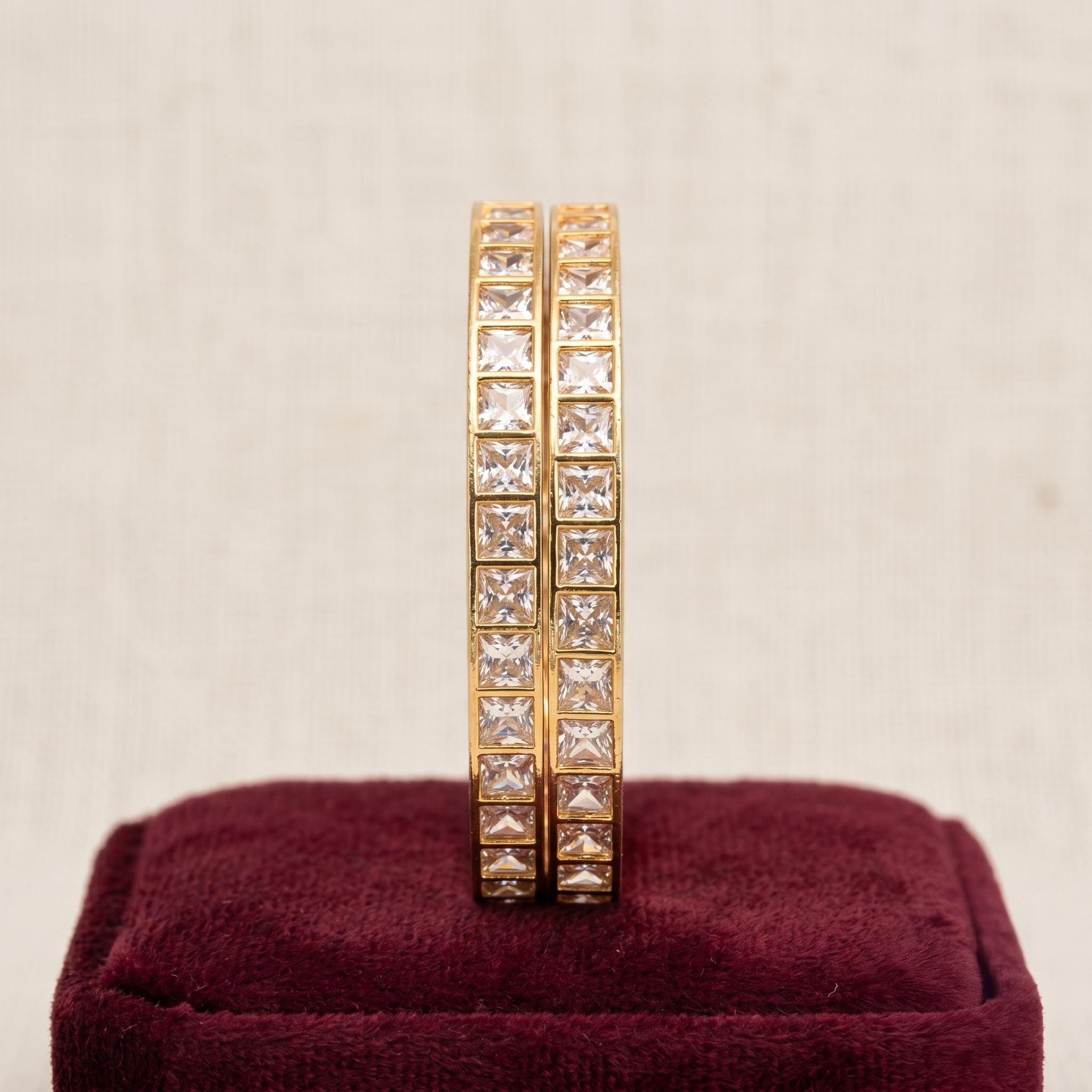 Gold Plated Square Cut Stone Bangle — Green & White detailed view - Avalna